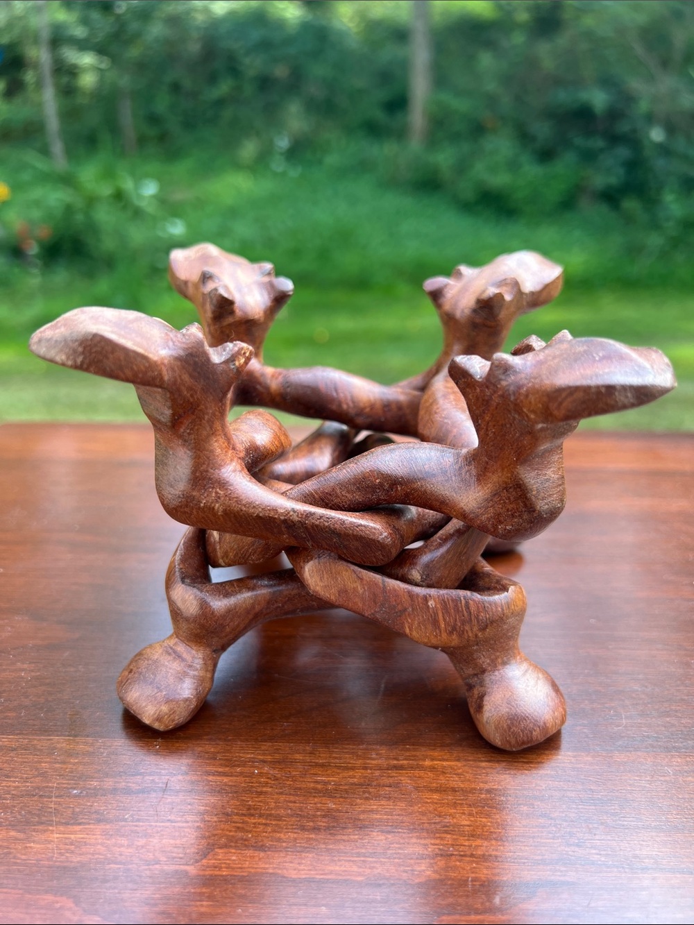 Vintage Boho Egyptian Carved Small Wooden 4 Camel Head Foldable Plant Stand
